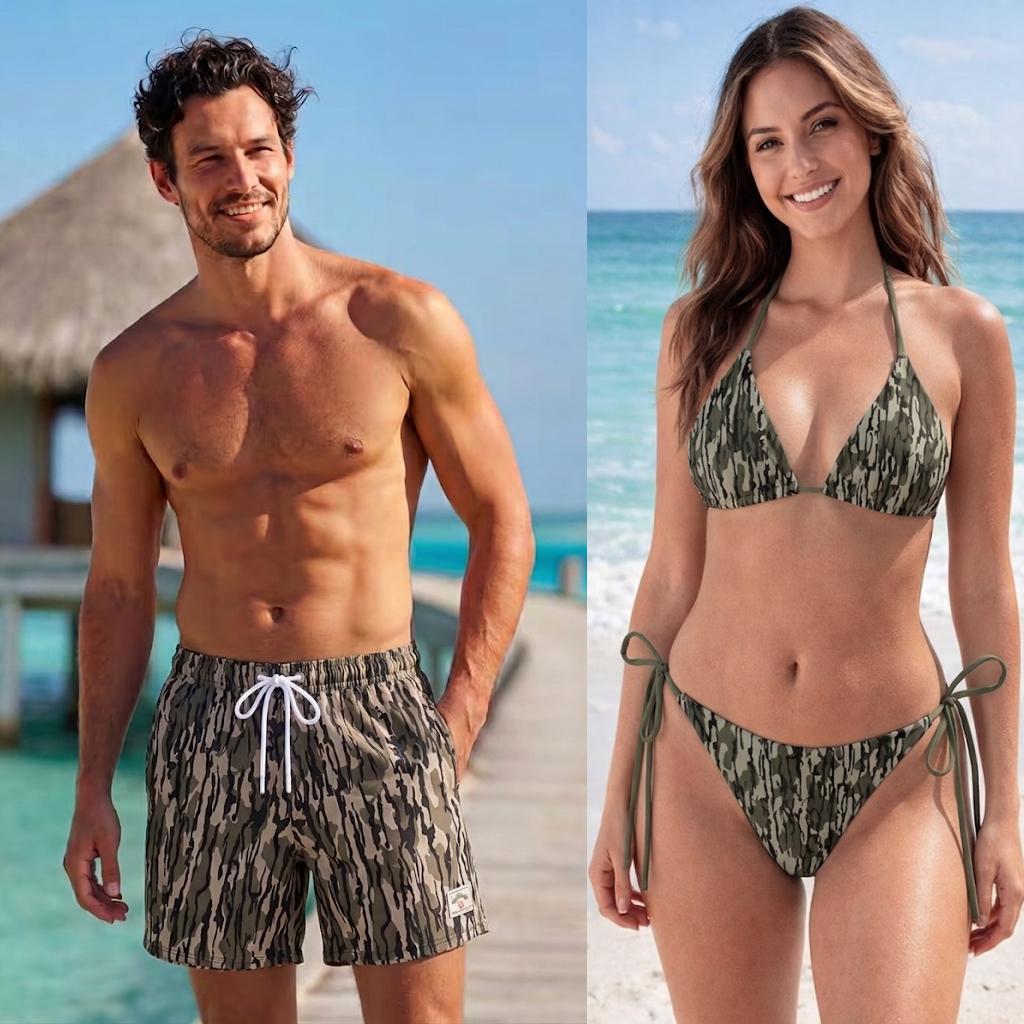 Camo Matching Swimwear for Couples - Bottomland Camo Style Swimwear Set - Couple Matching Bikini & Men’s Shorts, Camo Beach Vacation Outfit