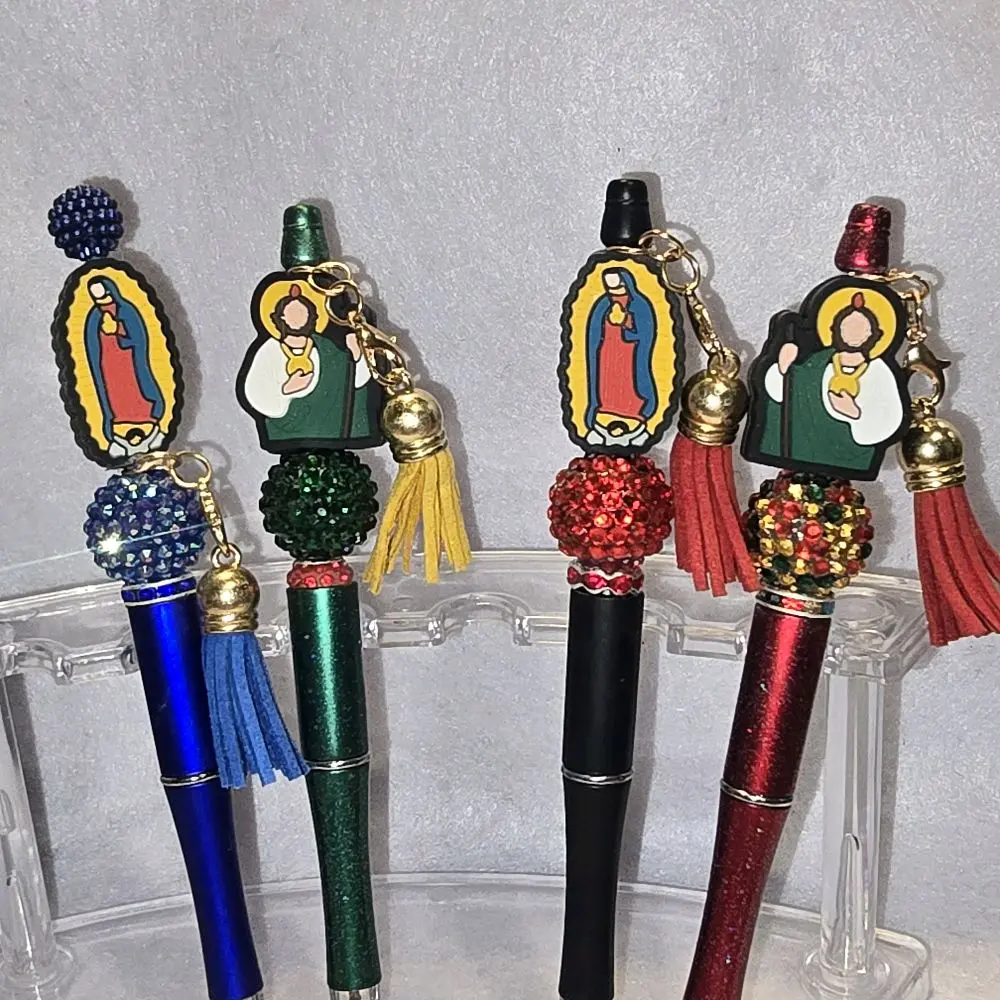 Virgencita & San Judas Beadable Pens - Colorful Pens with Beaded Charms and Tassels - Unique Design Accessories
