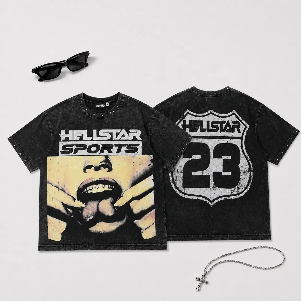 HELLSTAR Men's Pure Cotton World Revolution Tour T-Shirt, Washed Black Acid Wash Oversized Vintage Rap Tee, Y2K Streetwear