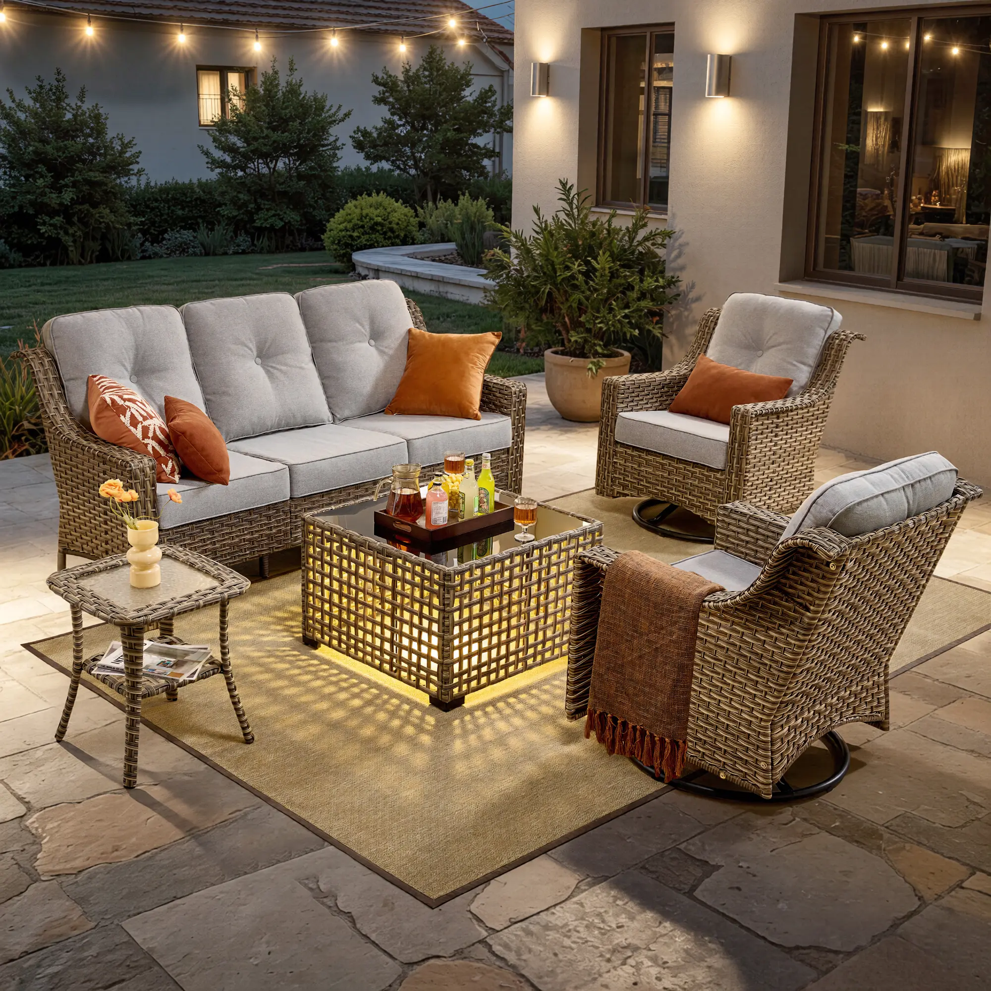 XIZZI 6-Piece Wicker Rattan Set - Outdoor Patio Furniture Sets, 3-Seat Sofa, 2 Chairs, 1 Ottoman, Solar Coffee Table, Eco-Friendly Outdoor Seating Solutions for Family