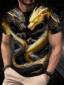 Men's Printed T-Shirt - Black/Gradient Multi-color Trendy Streetwear Top, Round-neck Short-Sleeved T-shirt, suitable for daily wear, casual gatherings, fashionable gradient style, machine washable