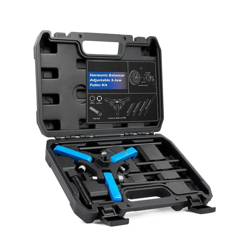 Adjustable 3-Jaw Puller Set, Automotive Engine & Transmission Repair Tool for Removing Harmonic Dampers & Balancers, Vehicle-Compatible with Chevy GM Chrysler Cadillac Ford, Blue/Black/Red