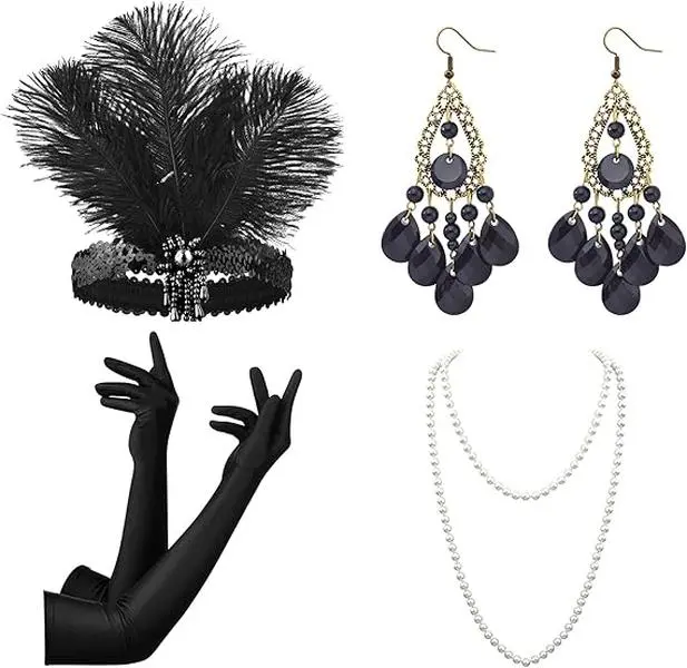 Women's Vintage Style 1920s Flapper Set with Crystal Headband - Elegant Lady Party Accessories, Fits Halloween Cosplay (Festive & Party Supplies), Stretchy