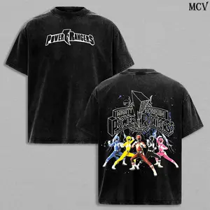 Mighty Morphin Power Rangers T-Shirt Menswear Top Heavy Cotton Underwear Double Printed Vintage Washed Tee Oversize Unisex Streetwear Retro 90s TV Series Graphic Superhero Classic Fans Apparel