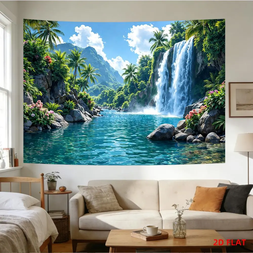 1PC 2D Flat Backdrop - Tropical Waterfall & Coconut Grove Scenery Cloth, Festival Party Supplies for Birthday Gathering Immersive Ambiance Decoration Banner, Birthday Party