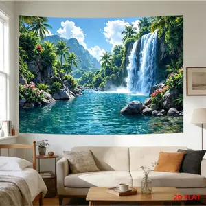 1PC,2D Flat Backdrop Tropical Waterfall Scenery Backdrop, Festival Decoration Background Cloth, Party Gathering Scene Layout, Hawaiian - style Coconut Grove Landscape Decor, Create Immersive Festival Atmosphere