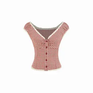 Cider Jacquard Gingham Sweetheart Raglan Sleeve Ruched Top