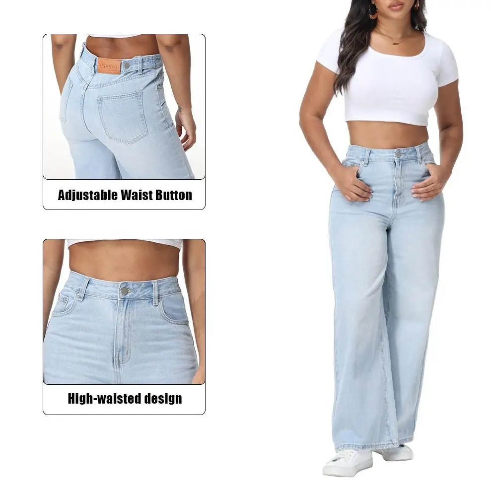 Women's High-Waisted Casual Streetwear Denim Jeans - Stretch Wide-Leg Trouser, Adjustable Button-Cinch Waist, Pockets, Light Indigo Wash, Button Front, Below-The-Ankle Length, Minimalist Trendy