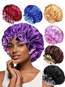 Women's Bonnet Two-Layer Pure Color Wave Edge Elastic Silk Smooth Satin Fashion Sleep Cap, Comfortable Soft Breathable Hair Care Hat, Sleeping Bonnet