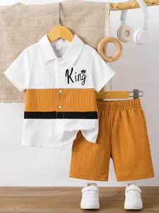 Summer Boys' 2-Piece Set Outfit, Sponge Texture Wave Print Shirt & Shorts, Casual Fitted, Kids Clothing, Toddler Wear