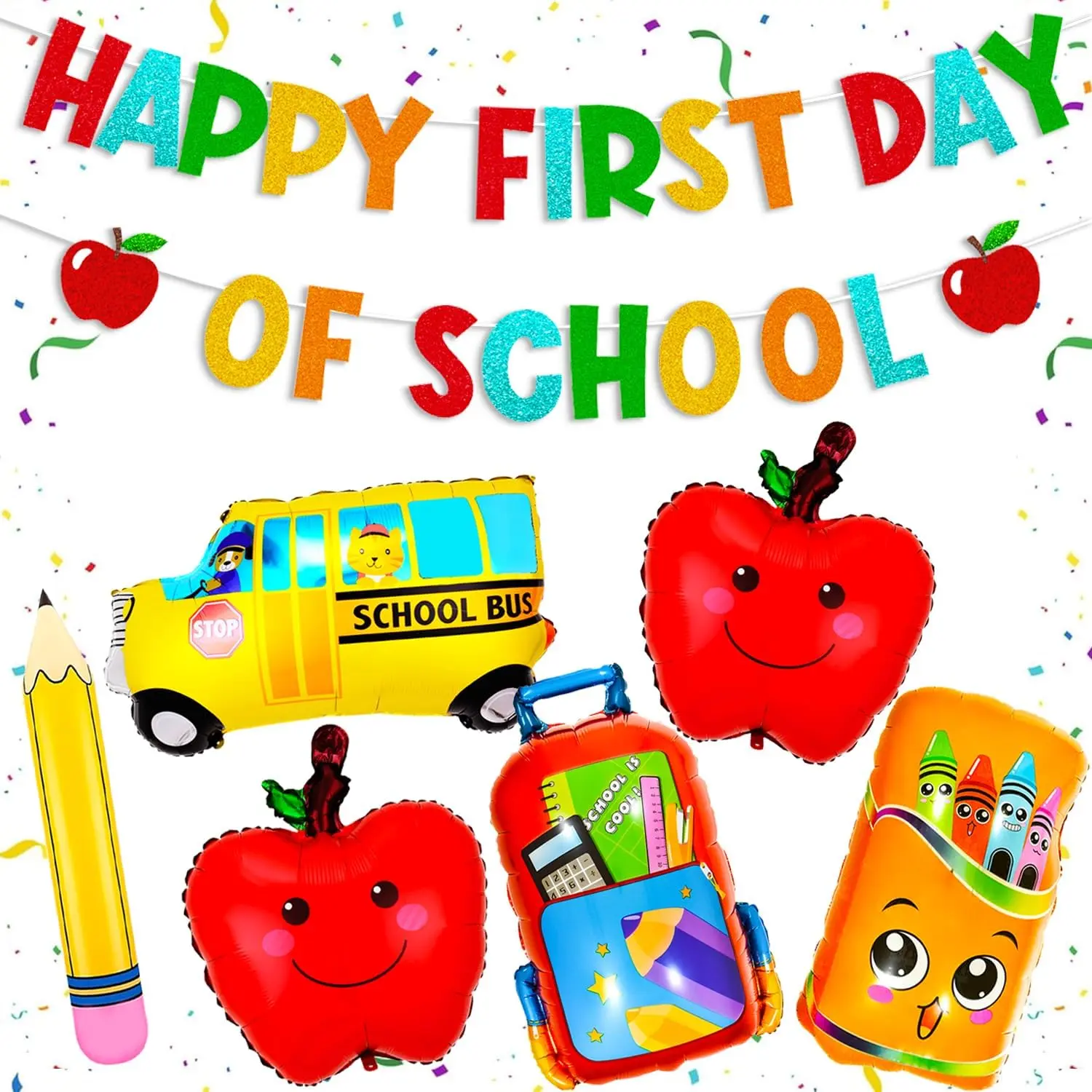 Back To School Decorations, First Day of School Decorations, Pre-Strung Glitter Happy First Day of School Banner With Pencil School Bus Back To School Balloons for Home Classroom Back to School Decor