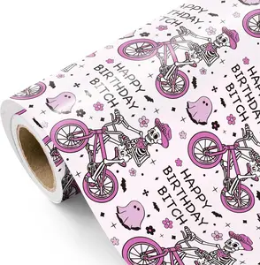 Skulls Birthday Wrapping Paper - Mini Roll - 17 Inch x 16.5  - Gothic  Skeleton Funny Design for Halloween Theme Party, Girls Women Birthday