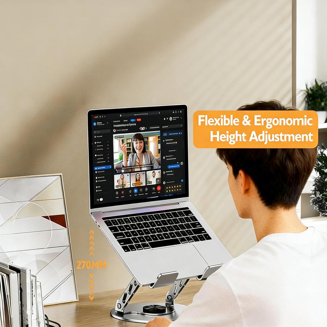 Ergonomic Adjustable Laptop Stand Featuring 360° Rotating Base,Sit-Stand Height Adjustable Foldable Riser with Stable Dual Support Arms,Portable Carbon Steel Desktop Holder Ideal for Working Comfort,Fits MacBook Pro Air,Dell XPS,HPand 10–17.3 Inch Laptops