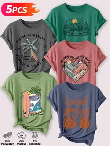 5Pcs Women's Crew Neck T-Shirt, Casual Palm Springs Beach Cycling Series Print, Multiple Colors Available, Machine Washable, Spring & Summer Tops, Soft Skin-Friendly Fabric, Daily Versatile, Fashion Design