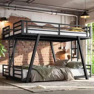 Queen over Queen Bunk Bed with 2 Side Ladders, Heavy-Duty Metal Bunk Bed with Spdcial Support Leg Design, Low Profile Bunk Bed, for Kids Teens Adults, Black