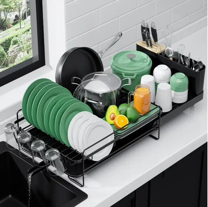 Sakugi Dish Drying Rack, Extendable Dish Drainer, Anti-Rust Dish Rack for Kitchen Counter, 26.2" x 12.9" x 7.2", Black