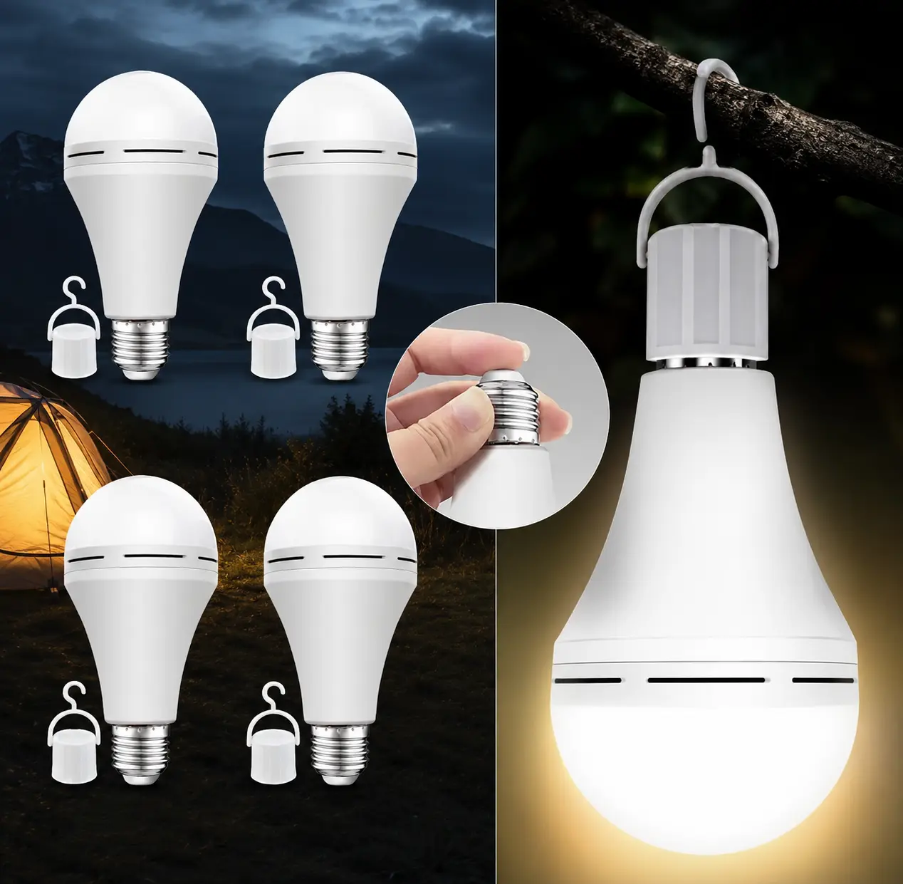 4 Pack Rechargeable Emergency Light Bulbs A19, Camping Lamp Battery Powered LED Light Bulb 6000K Daylight E26/E27 120 Volt 12W 60W Equivalent with 1200mAh for Home Power Outage Camping Hurricane
