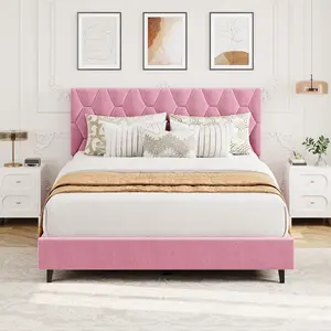 Pink Queen Bed Frame with Upholstered Headboard, Heavy-Duty Platform Bed Frame with Strong Wood Slats, No Box Spring Needed/Noise Free/Easy Assembly