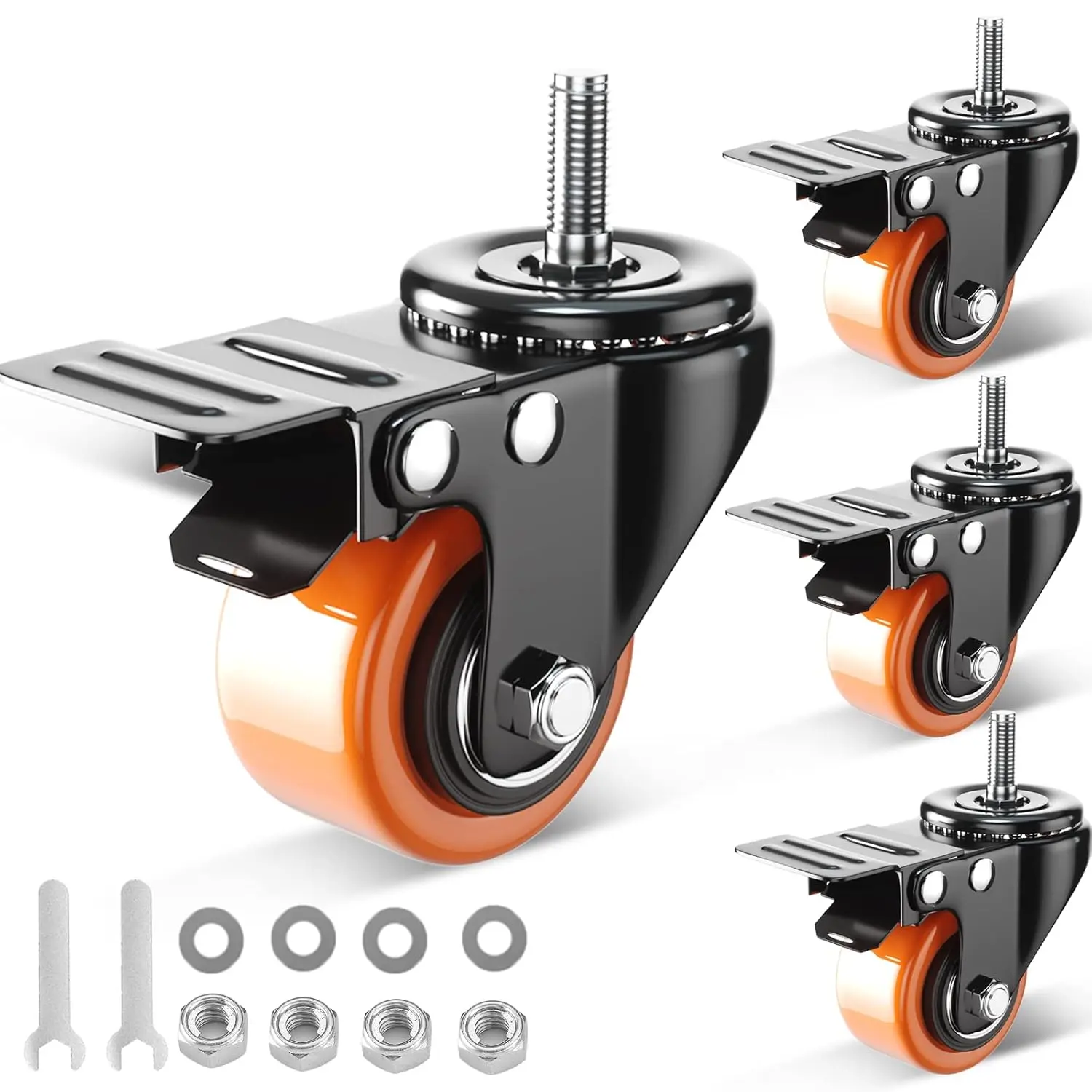 2 Inch Threaded Stem Caster Wheels Set of 4 Heavy Duty (1/4"-20x1 Stem), Safety Dual Locking Industrial Castors with 4 Nuts, Non-Marring Polyurethane Rubber, 360 Degree Rotation for Carts, Furniture, Barbeque Grills, Kitchens (Indoor & Outdoor Uses)