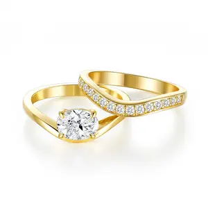 EAMTI 14K Gold Plated Bridal Ring Sets Engagement Rings for Women 1.5CT Oval Cut CZ Bands Solitaire Cubic Zirconia Curved Wedding Promise Gold Rings for Her