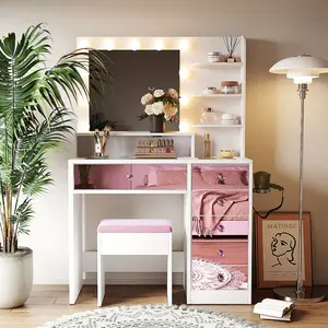 Vanity Desk with Glass Top and 11 Hollywood Bulbs, 3 Color Lighting Modes, Makeup Vanity with Pink Finish Drawers & Shelves, White Vanity Table with Stool for Bedroom