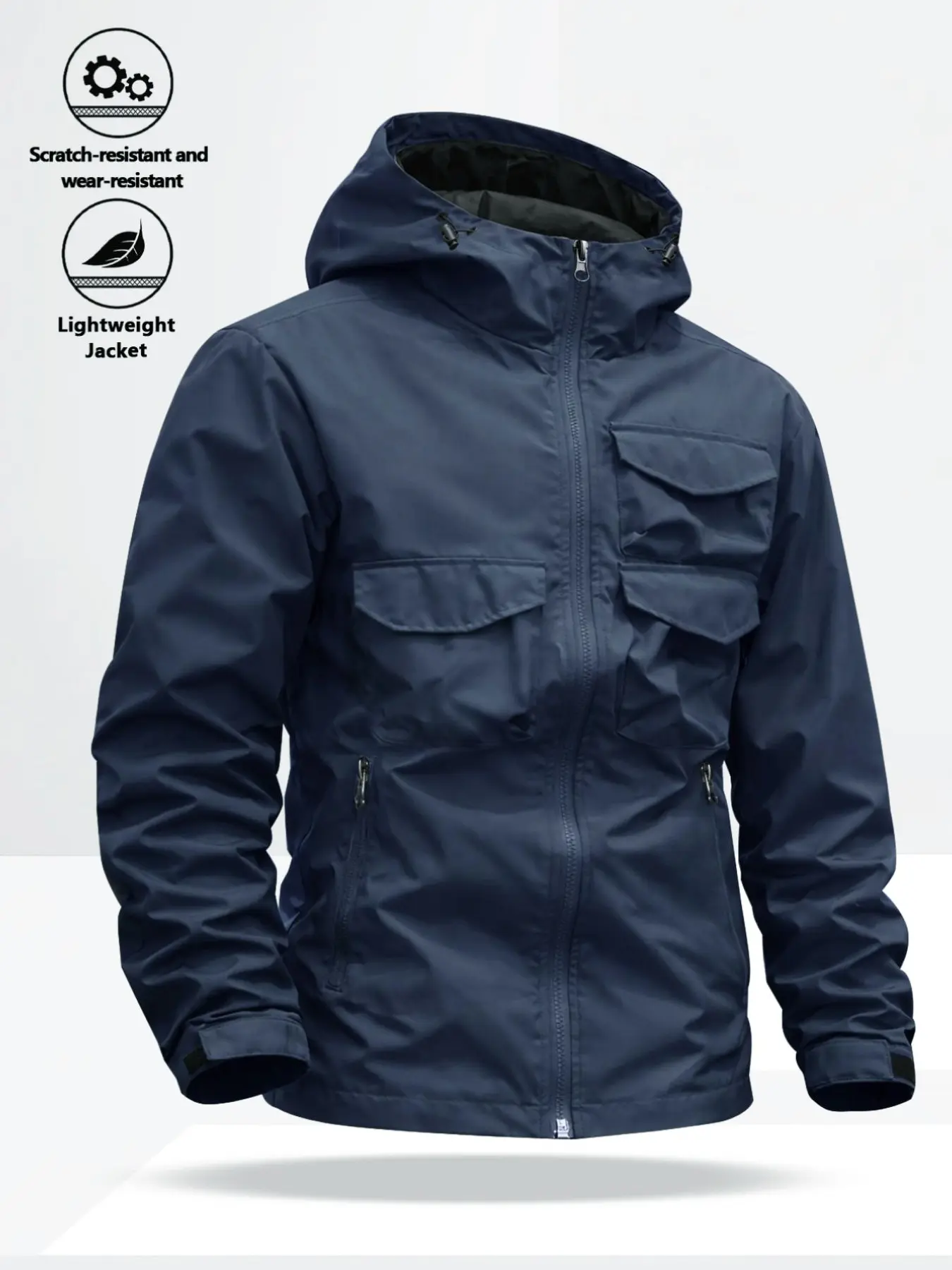 Men's Hooded Workwear Fitted Jacket, Durable Anti-Wrinkle Plain Fabric, Multi-Pocket Design, Casual Outdoor Camping, Trendy Personalized Outerwear