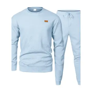 Men's Casual Outdoor Sportswear Set, Fitted Round Neck Sweater, Loose Fit Street Fashion, Plain Texture Design, Fall & Winter, Textured Sweatsuit