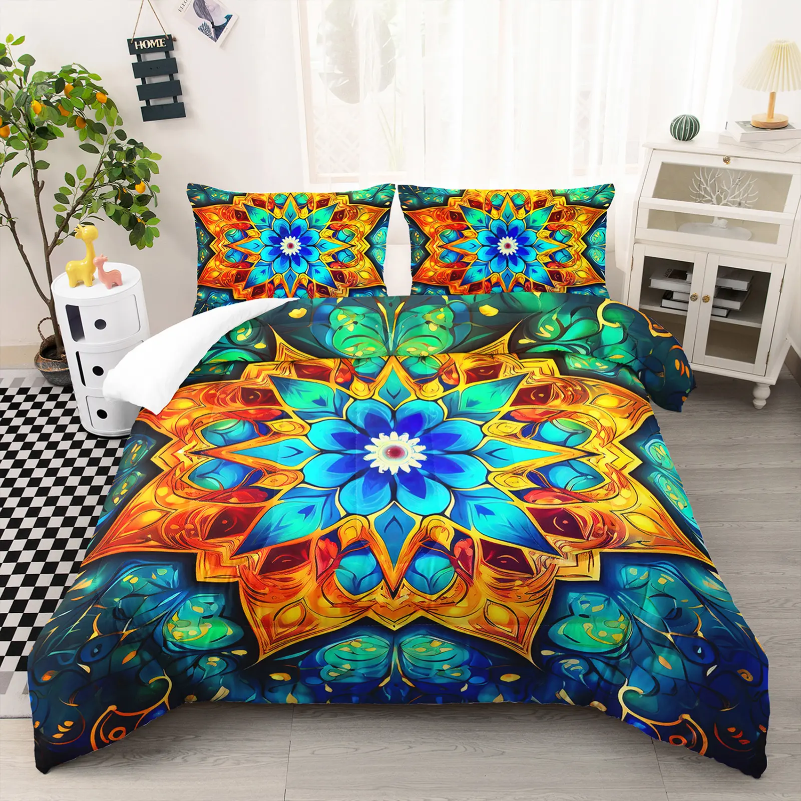 Floral Mandala Queen Comforter Set (3pcs) - Boho Chic Vibrant Breathable Microfibre Bedding, Lightweight Soft All-Seasons Machine-Wash Quilt with 2 Pillowcases, Ideal for Girls' Bedrooms, Family Gift