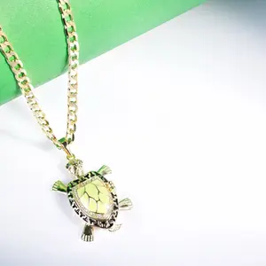 14K Gold Laminated Turtle Pendant Necklace 3MM Cuban Chain with Green Enamel & Sparkling Accents Unisex Design 16 18 22 Inch Lengths