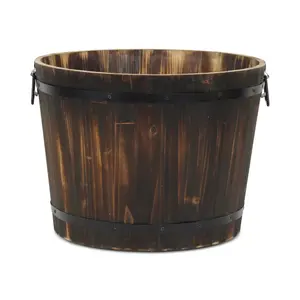 Cheungs 6075BR-L Mariva Dark Brown Wood Decor Bucket Planter with Metal Accents & Handles - Large