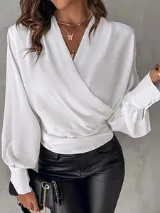Women's Plain Asymmetrical Bishop Sleeve Blouse, Elegant V Neck Long Sleeve Top for Casual Daily Wear, Ladies Clothes for All Seasons, Womenswear