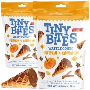 Tiny Bites - Crispy Mini Waffle Cones Treats - Premium Belgian Chocolate, 4.24 oz Bag (Pack of 2) - Delicious Variety of Flavors, Perfect Snack, Dessert, or Ice Cream Topping (2 Pack, Pumpkin & Cinnamon)