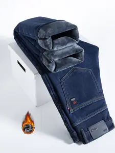 Men's Thickened Winter Fleece Jeans, Loose Straight Leg High Waist Casual Elastic Pants, Warm Long Denim Trousers for Fall & Winter