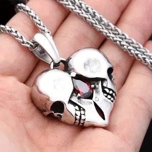 owlucky Men's 316L Stainless Steel Skull & Heart Pendant Necklace - Punk Rock Gothic Jewelry with Red Accent, Edgy Bold Design for Halloween Christmas Gifts, Daily Wear & Party Accessories, Gift Item, Polished Finish