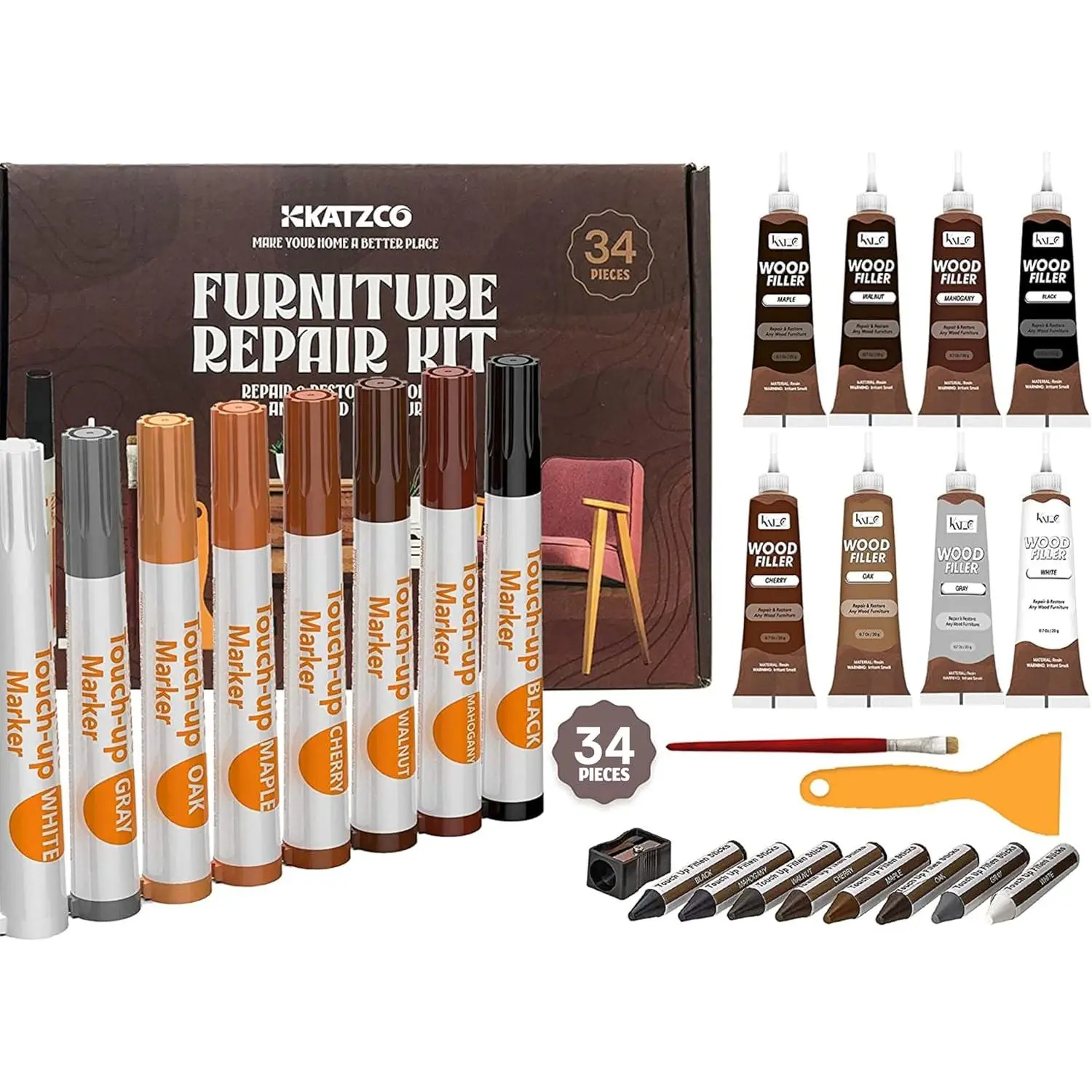 34-Piece Durable Wax-Based Wood Furniture Repair Kit - Carpenters Complete Set with Markers, Sticks, Sharpener, Brushes, Smoothing Spatula - Cherry, Black & Range of Colors for Precise Touch-Ups, Scratches, Stains - Quick Drying