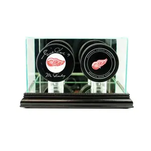 212 MAIN Dual Puck Hockey Display Case - Black, 2 Holders, Mirror Back, UV-Protected Sports Collectibles Accessory, Two Holders