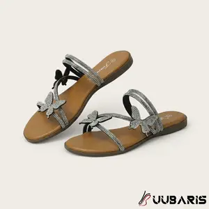 UUBARIS Glitter Butterfly Flat Sandals - Rhinestone Strappy Slides for Daily Wear