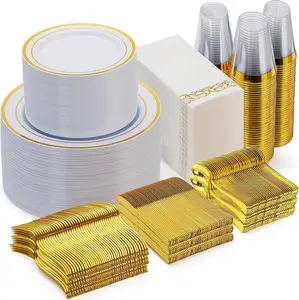 700 count  Dinnerware Set for 100 Guests, Disposable for Party, Include: 100  Rim Dinner Plates, 100 Dessert Plates, 100 Paper Napkins, 100 Cups, 100 Plastic Silverware Set