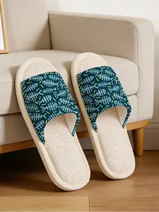 Simple Ocean Style Cartoon Fish Bone Slippers, 3D Texture Fabric Upper, Breathable Linen, Unisex Home Casual Footwear