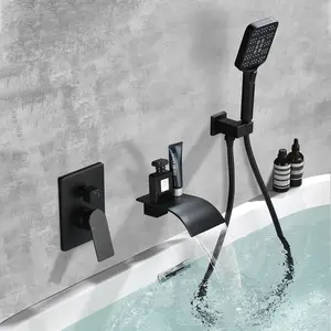 Waterfall Bathtub Faucet Set with 3-Setting ABS Hand Sprayer, 2 In 1 Single Handle Wall Mount Tub Filler with Handheld Shower in Matte Black, Brushed Nickel, Brushed Gold