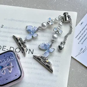 Butterfly & Faux Pearl Decor Watch Band, Fashionable Watch Band for Women, Replacement Watch Strap for Apple Watch Series, Smart Watch Straps