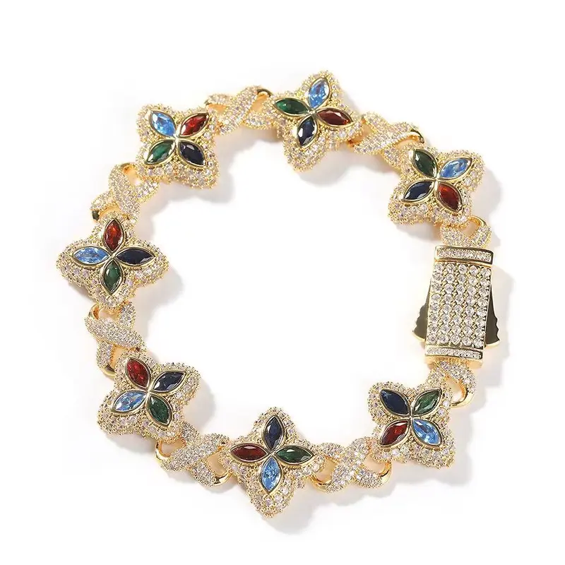 Loveden 4 Leaf Clover Cubic Zirconia Sparkle Clover Flower Bracelet - Gold-Silver Tone Brass Unisex Hypoallergenic Crystal Bangle, Daily Fashionable Jewelry, Unique Gift for Adults