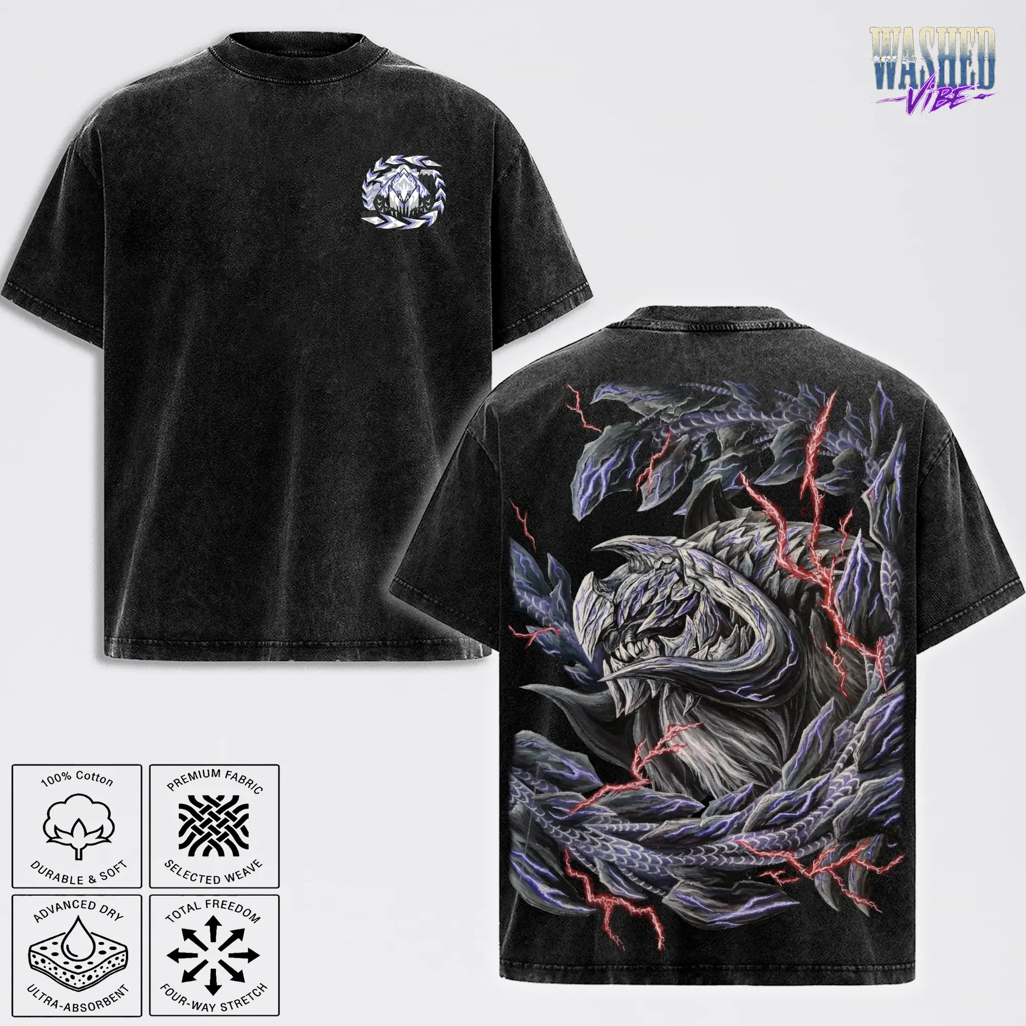Retro Heavy Limited Monster Hunter Wilds Arkveld Vintage Washed Oversized Tee & Hoodie | Retro Game Graphic Apparel | Faded Streetwear For Hunter Fans | Soft Cotton Washed Outfit Perfect For Gamers C