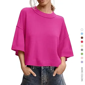 Danedvi Womens Short Sleeve Sweater Summer Oversized Cropped Sweaters Casual Crewneck Lightweight Knit Tops