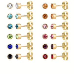 12 Pairs Surgical Stainless Steel Cubic Zirconia Birthstone Stud Earrings, Gold Plated Heart Star Round Multicolors Stud Earrings Set for Women