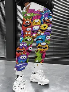 Men's Trendy Colorful Cartoon Character and Monster Print Sweatpants, Loose Fit, Jogger Leg, Fashionable Casual Trousers