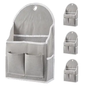 4 Pack Wall Hanging Storage Organizer, Cotton Linen Wall Pocket Bags with Waterproof Coating, Metal Grommet Hooks, Front Pockets & Side Mesh Pockets