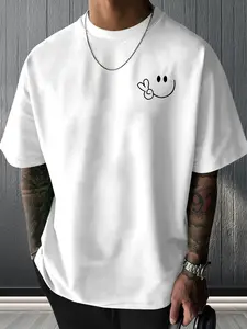 Premium 100% Cotton Unisex Crewneck White T-shirt Soft Comfortable Men's Casual Summer Tee with Playful Joyful Face Print Lightweight Round Neck Versatile White Top for All-season Wear - Menswear, Tshirt