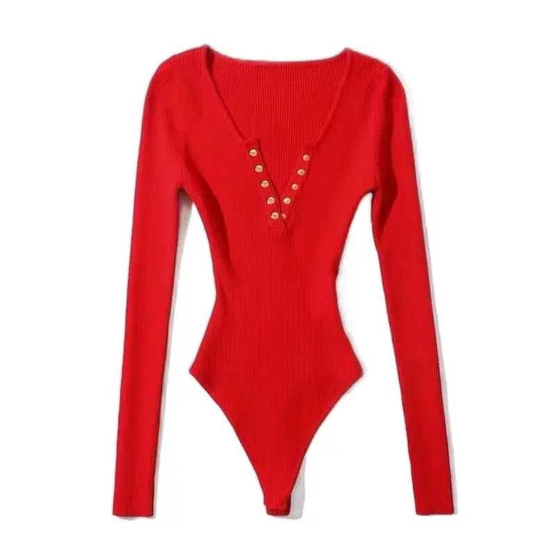 Slim Fit Long Sleeve Bodysuit for Women 100% Polyester High Waisted V-Neck Solid Color Breathable Skin Friendly Material Womenswear Day Basic Casual Minimalist Elegance Everyday Tops Basic Casual Minimalist Red Vneck