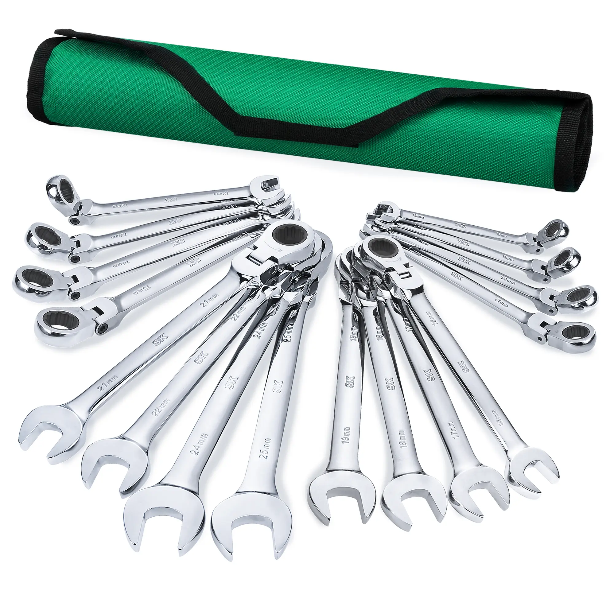 #fathersdaygift SK Flex-Head Ratcheting Wrench Set, Combination Wrench Set, 16-Pack, Metric 8 to 25mm, 72-Tooth, Premium CR-V Construction, with Rolling Pouch